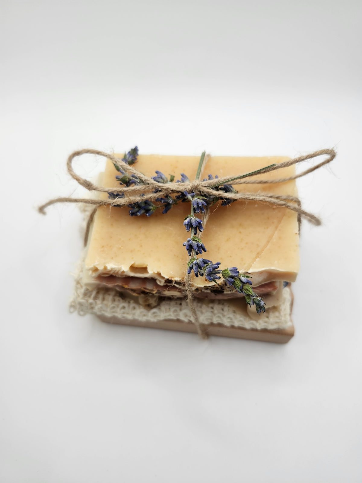 Top view of Autumn 2026 handmade soap gift set with lavender sprig and jute bow